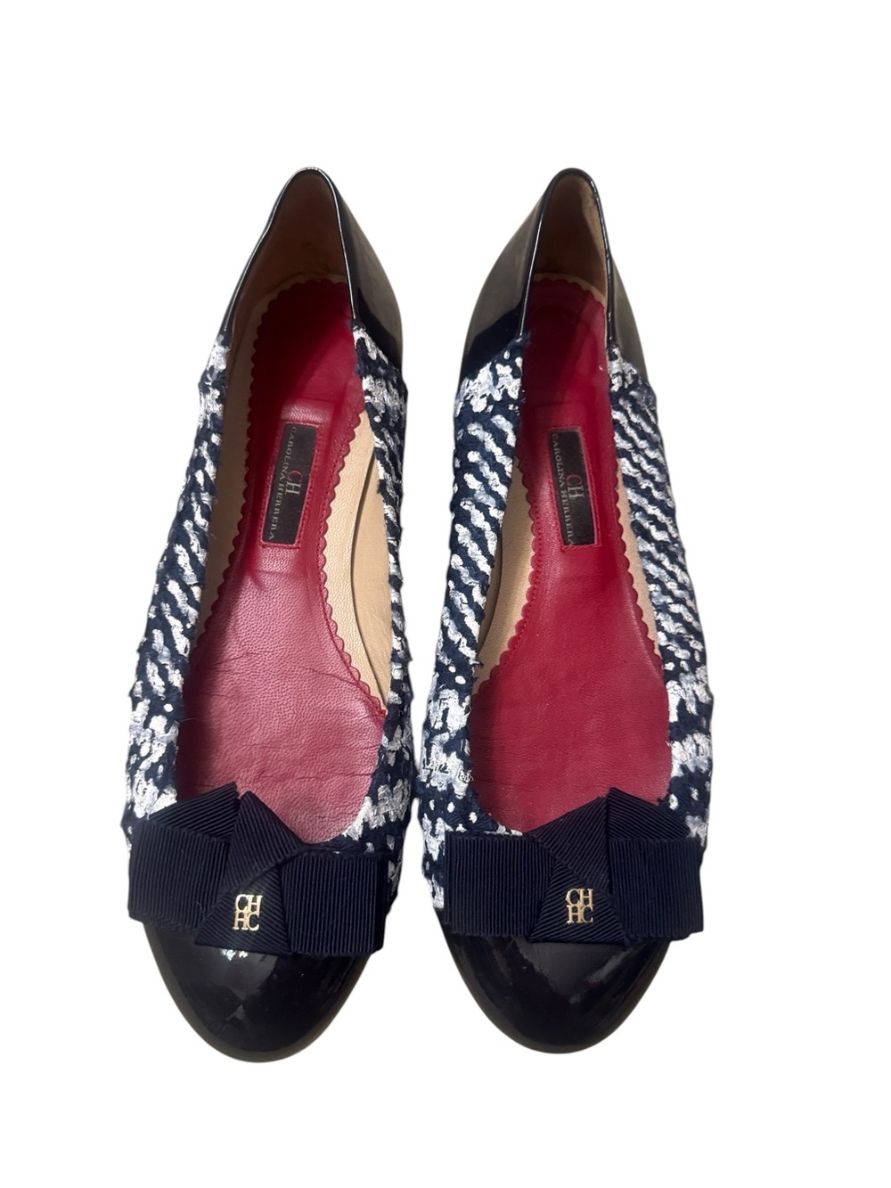 Carolina Herrera Navy & White Tweed Ballet Flats with Red Insole